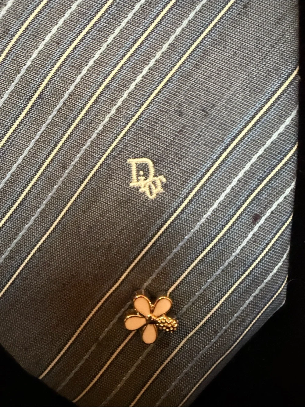 Dior Navy Blue Striped Silk Scarf with Pearl Accent